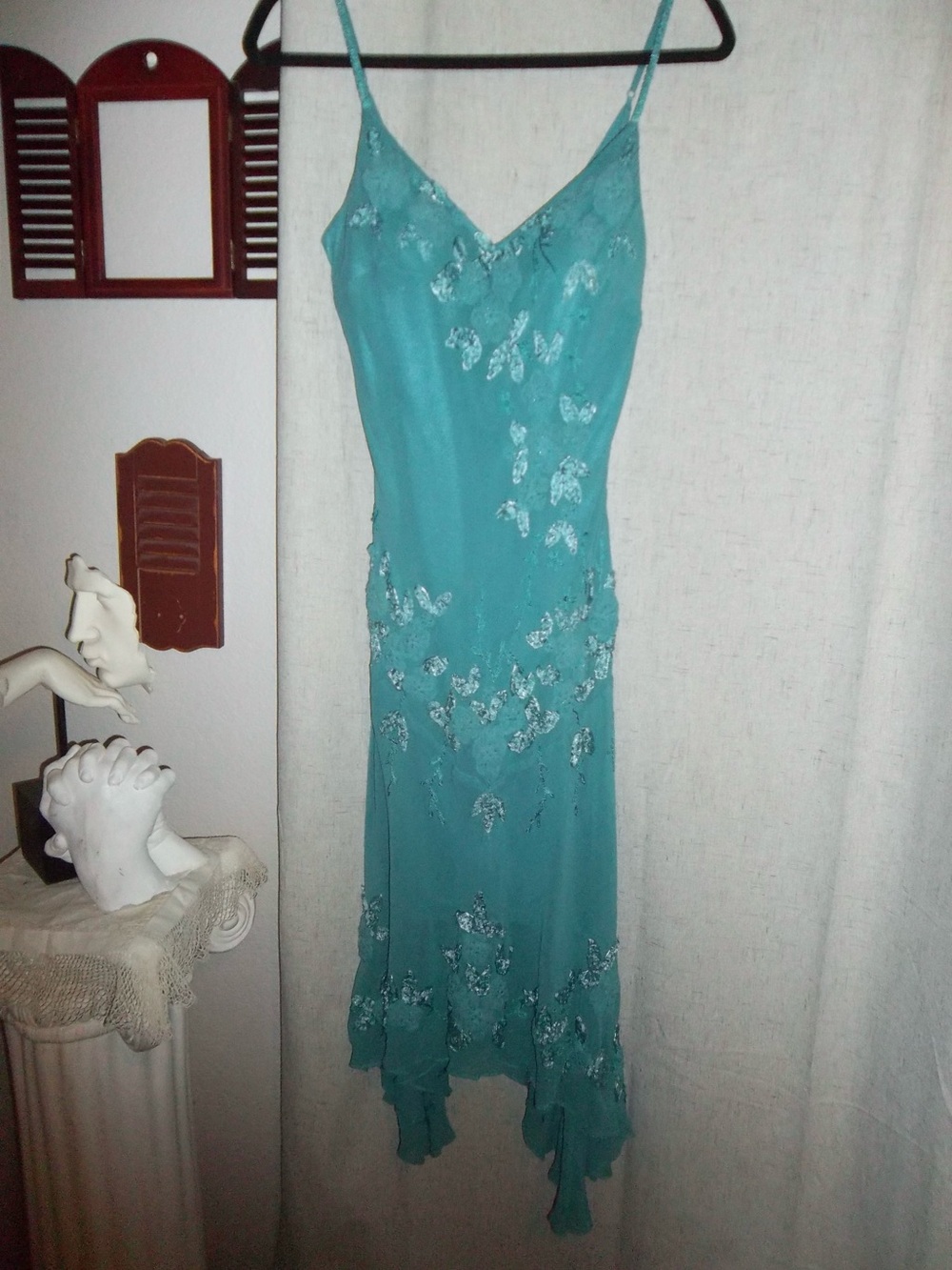 Sue Wong Teal Asymmetrical Slip Dress with Silver Sequin Detail